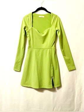 Qinsen Lime Green Sweetheart Neck Long Sleeve Mini Skater Dress With Slit M